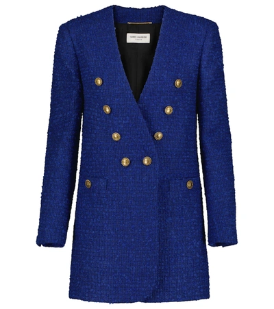 Saint Laurent Double Breasted Wool Blend Tweed Blazer In Blue