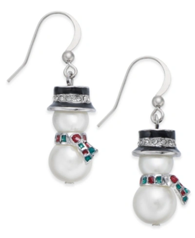 Charter Club Silver-tone Crystal & Imitation Pearl Snowman Drop Earrings, Created For Macy's