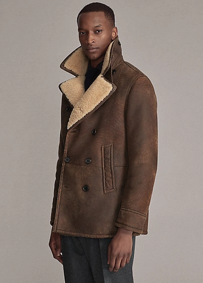 Polo Ralph Lauren Fullerton Shearling Peacoat In Vntg Eng Brown