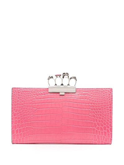 Alexander Mcqueen Four Rings Skull Clutch In Crocodile Print Leather In Pink