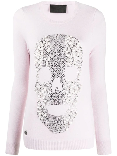 Philipp Plein Crystal And Pearl Skull Jumper In Pink