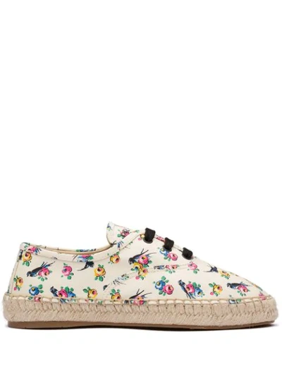 Prada Gabardine Floral Espadrilles In White