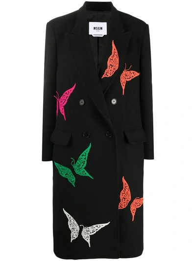 Msgm Lace Butterfly Double-breasted Coat In Black