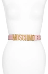 Moschino Logo Plate Leather Belt In Pink/ Gold