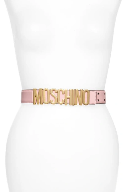 Moschino Logo Plate Leather Belt In Pink/ Gold