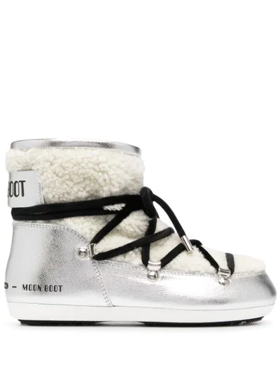 Moon Boot Shearling-trimmed Metallic-tone Boots In Grey