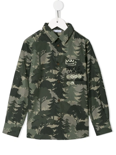 Dolce & Gabbana Kids' Pine-print Long-sleeve Shirt In Multicolour