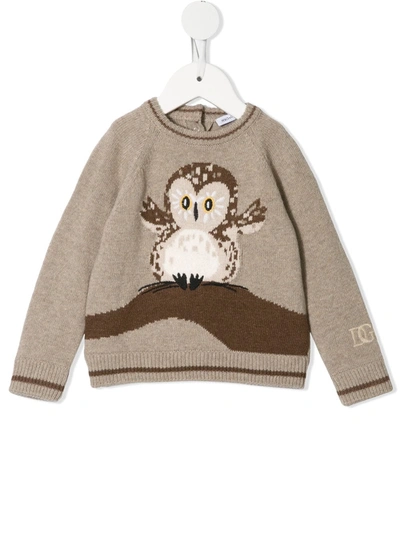 Dolce & Gabbana Babies' Jacquard Owl Knit Jumper In Neutrals