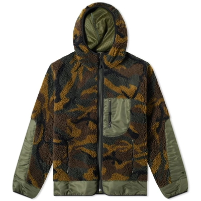 Junya Watanabe Man Camo Sherpa Fleece Hooded Jacket In Green