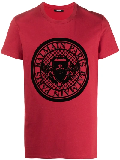 Balmain Logo Print Cotton T-shirt In Red