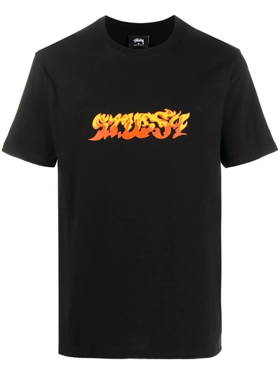 Stussy Flame Logo-print Short Sleeved T-shirt In Black