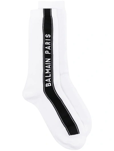 Balmain Logo Stripe Mid-calf Socks In White