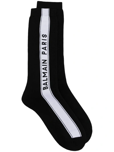 Balmain Logo Stripe Mid-calf Socks In Black