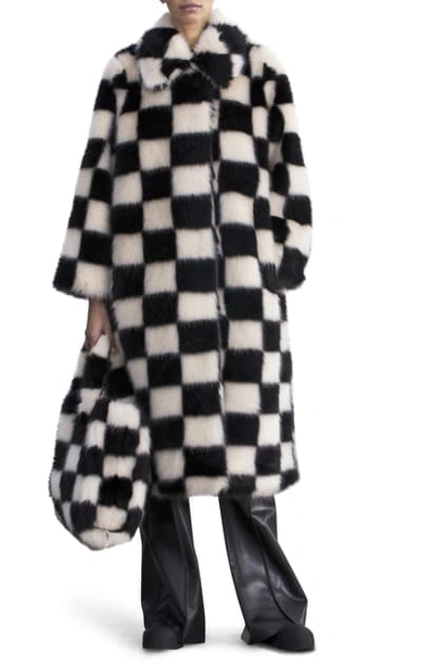 Stand Studio Nino Long Checkerboard Faux Fur Coat In Off White/ Black Check