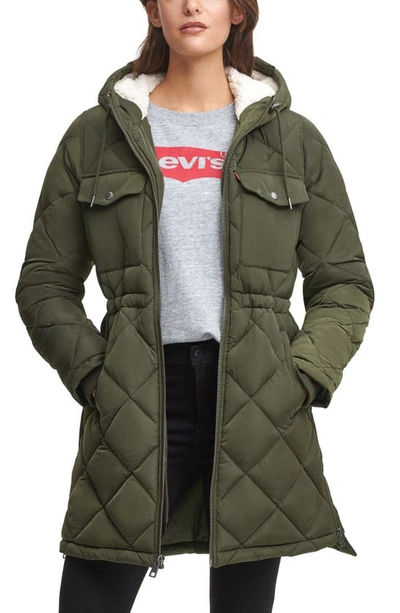 Levi's Puffer Jacket With Fleece Lined Hood In Army Green
