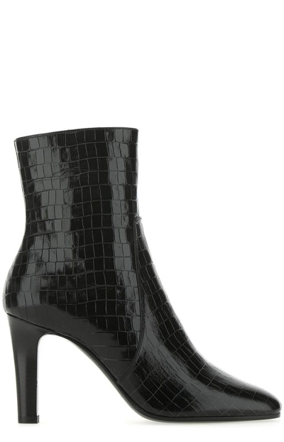 Saint Laurent Blu Croc-embossed Leather Ankle Boots In Black