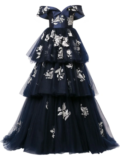 Carolina Herrera Tiered Floral-lace Gown In Blue