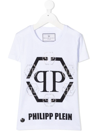 Philipp Plein Junior Kids' Hexagon Crystal Logo T-shirt In White