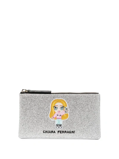 Chiara Ferragni Glitter Logo Clutch In Silver