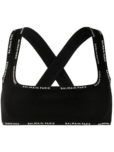 Balmain Cross-back Ribbed Cotton Bra Top In Black