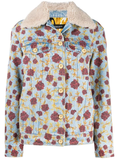 Versace Denim Jacket With Floral Print In Blue