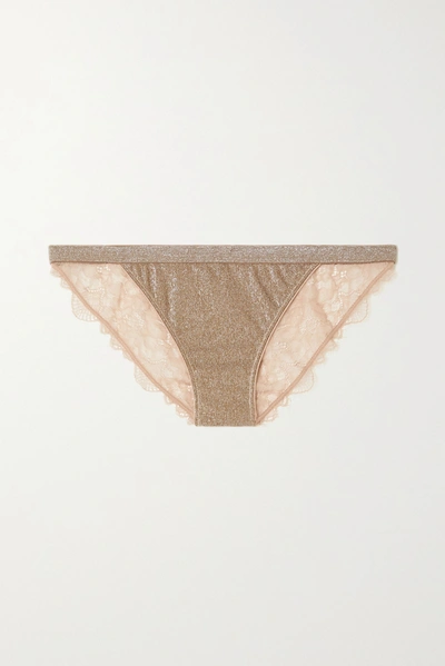 Love Stories Wild Rose Metallic Stretch-jersey And Lace Briefs In Gold