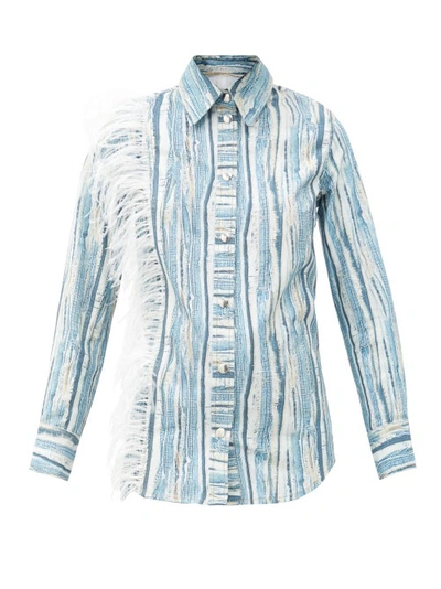 Thebe Magugu Feather-trimmed Shredded Denim-print Cotton Shirt In Blue