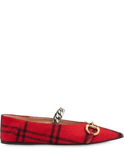 Gucci Horsebit Check-wool Point-toe Ballet Flats In Red