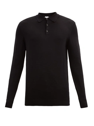 Sunspel Merino-wool Long-sleeved Polo Shirt In Black