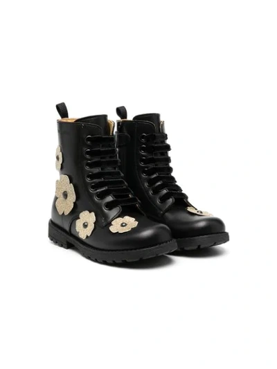 Zecchino D’oro Kids' Flower Appliqué Leather Boots In Black
