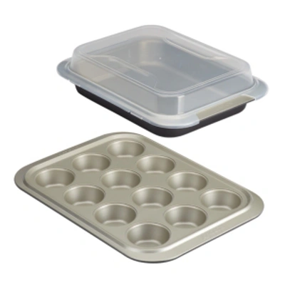 Anolon Allure 3 Piece Non-stick Bakeware Set With Shared Lid - Comparable Value $39.97 In Onyx/pewter
