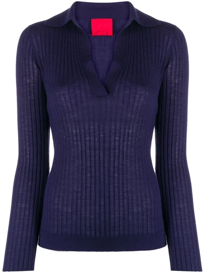 Cashmere In Love Ribbed-knit Polo Jumper In Blue