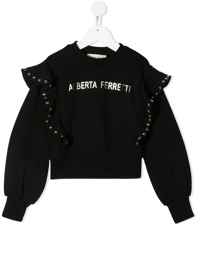 Alberta Ferretti Kids' Ruffled Shoulder Cotton Sweatshirt In Nero