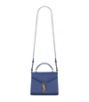 Saint Laurent Mini Cassandra Leather Top Handle Bag In Blue Charron