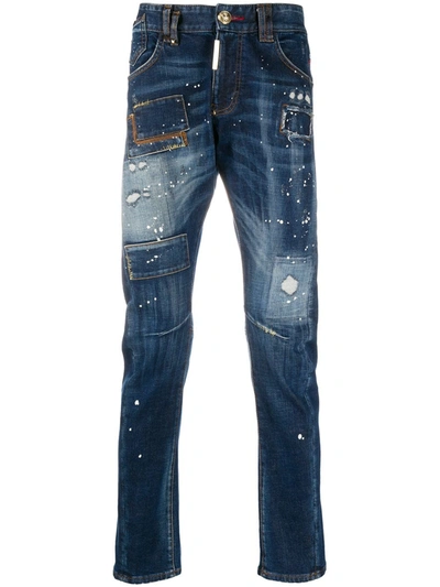 Philipp Plein Milano Cut Distressed Jeans In Blue