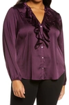1.state Ruffle Neck Button-front Blouse In Deep Plum