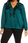 1.state Ruffle Neck Button-front Blouse In Green Forest
