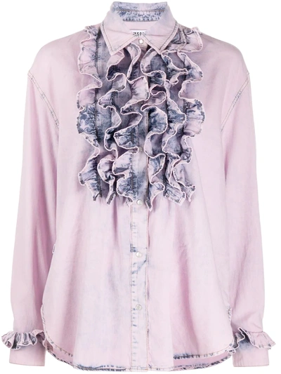 Msgm Ruffled Bleached Denim Shirt In Pink