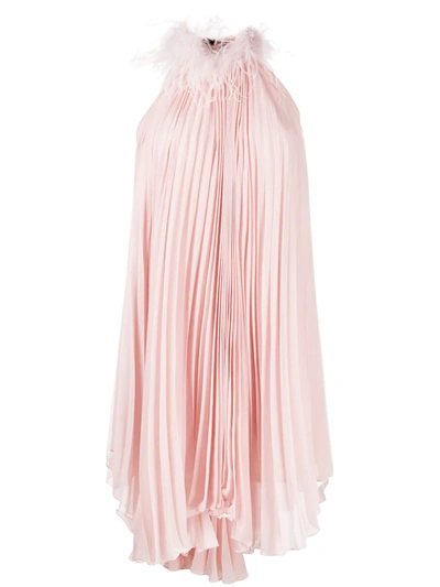 Styland Feather-trim Pleated Dress In Pink