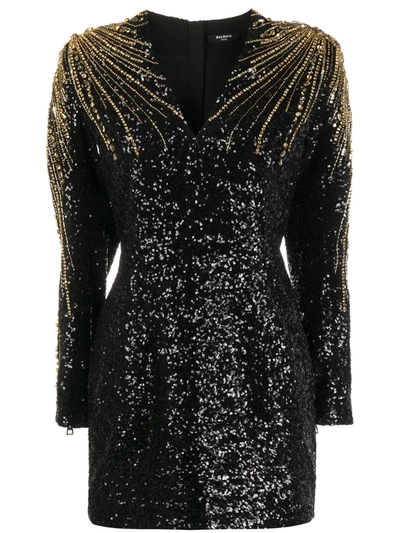 Balmain Sequin-embellished Beaded Cocktail Dress In Noir