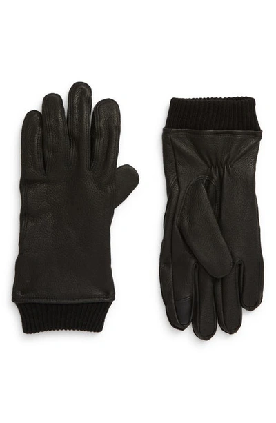 Polo Ralph Lauren Iconic Ribbed Cuff Touchscreen Leather Gloves In Black