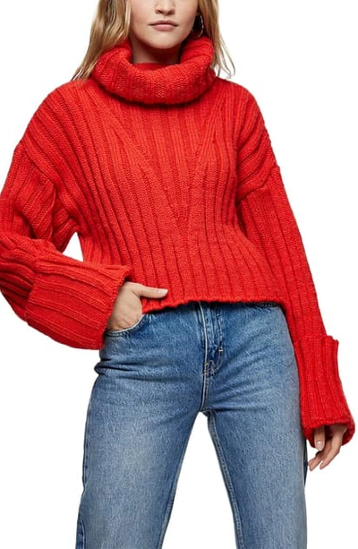 Topshop Turnback Cuff Turtleneck Sweater In Red