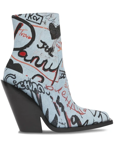 Burberry Graffiti Print Denim Ankle Boots In Grey