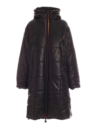 K-way Padded Leather Long Argo Kl Air Coat In Black