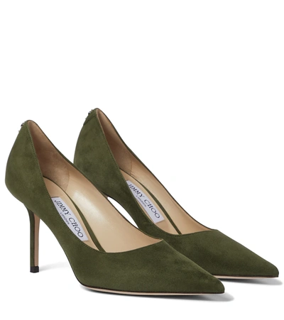 Jimmy Choo Love 85 Logo-embellished Suede Courts In Green