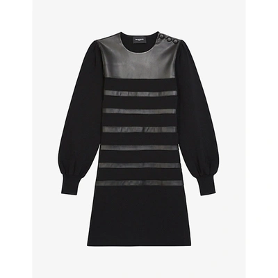 The Kooples Leather-embellished Woven Mini Dress In Bla01