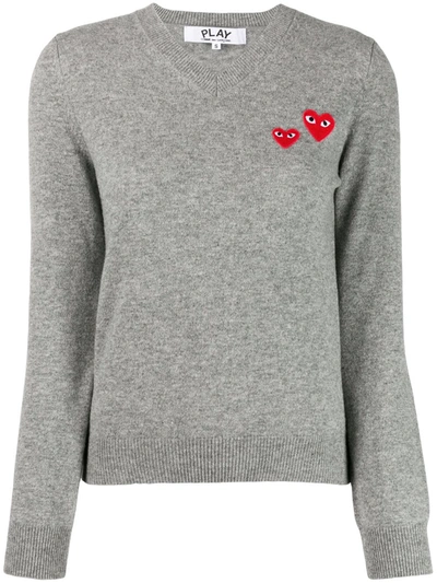 Comme Des Garçons Play Womens Grey Branded Appliqué V-neck Wool Jumper M