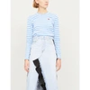 Comme Des Garçons Play Womens Blue Heart-embroidered Striped Cotton-jersey Top L