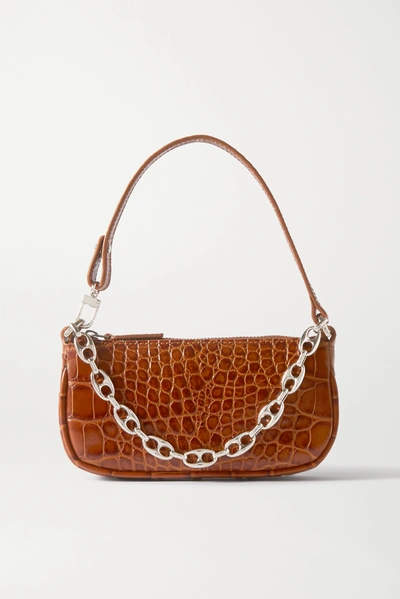 By Far Rachel Mini Chain-embellished Croc-effect Leather Shoulder Bag In Tan