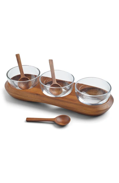 Nambe Cooper Triple Condiment Server With Spoons In Glass/ Acacia